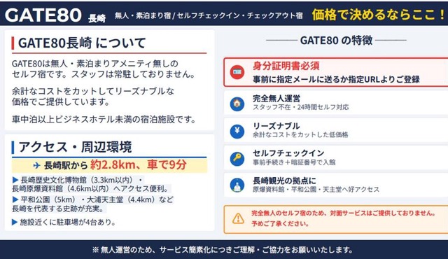 GATE80長崎 坂の街長崎 無人宿 完全セルフ 予約メッセージ欄確認要す スマートロック 暗証番号チェックイン 素泊まり専門 アメニティ持参で格安滞在 セコム24h監視 駐車場4台